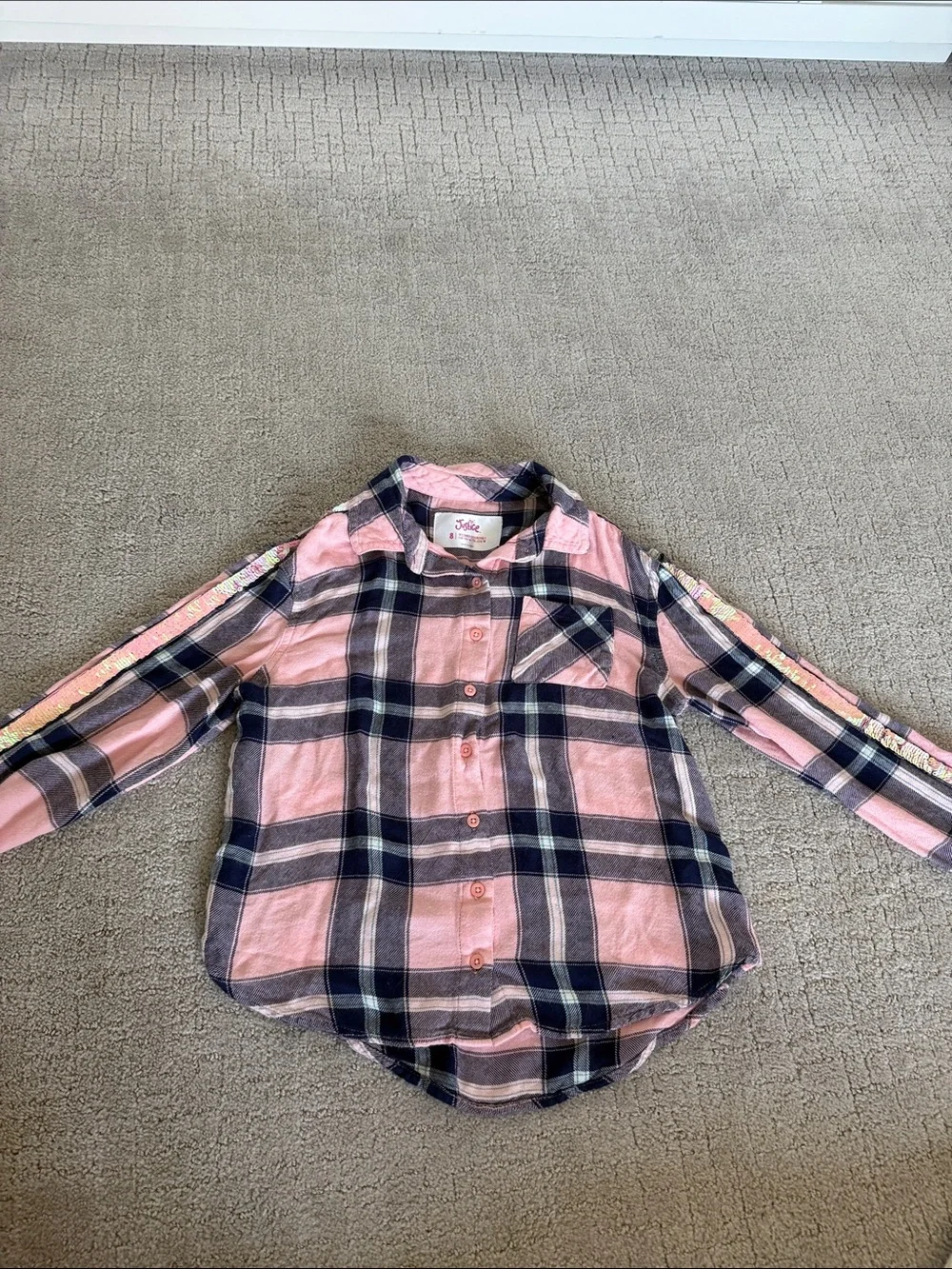 Girls Justice Pink Plaid Button-Up Shirt with flipee sleeves